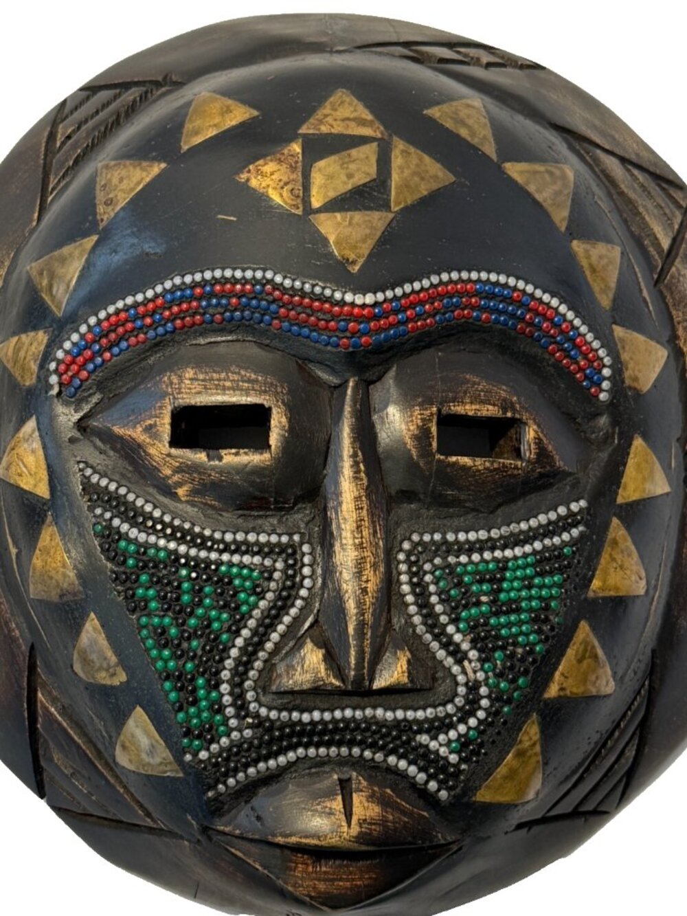 VINTAGE AFRICAN TRIBAL MASK BEADED WOOD METAL HANDCRAFTED IN GHANA ROUND 10.25"